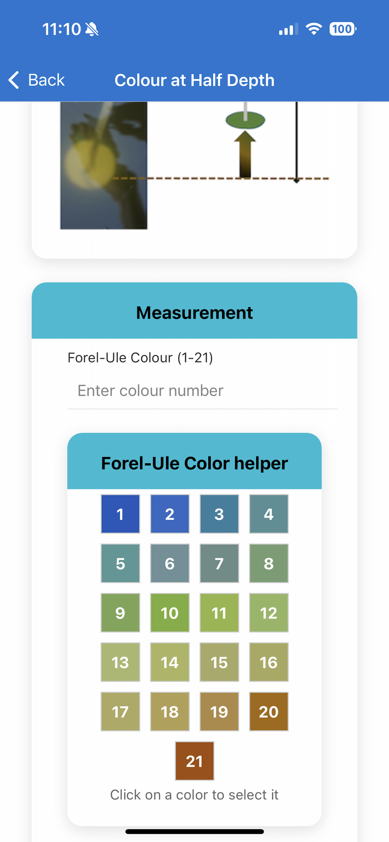 Mini Secchi app interface showing Forel-Ule color measurement