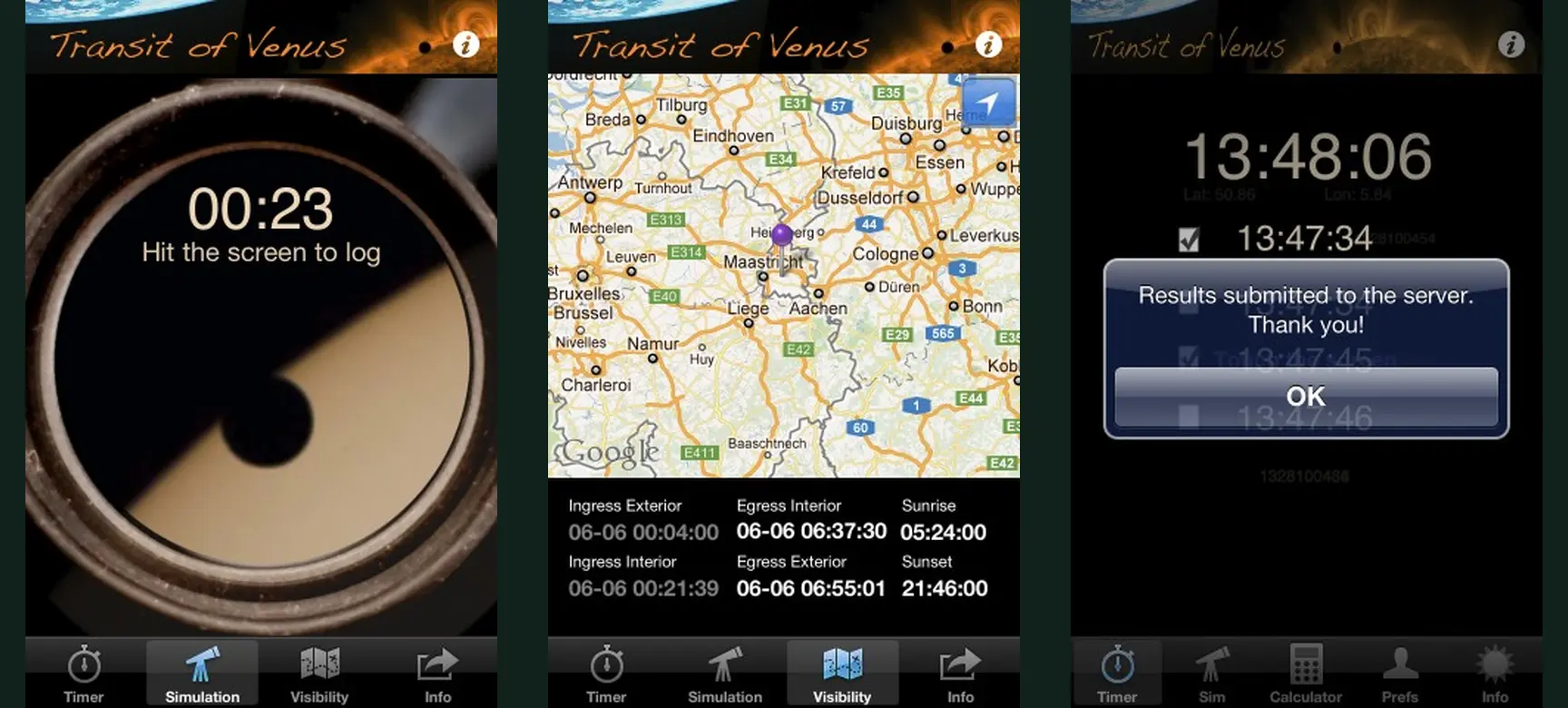 Transit of Venus app screens for practice, timing and submitting a result